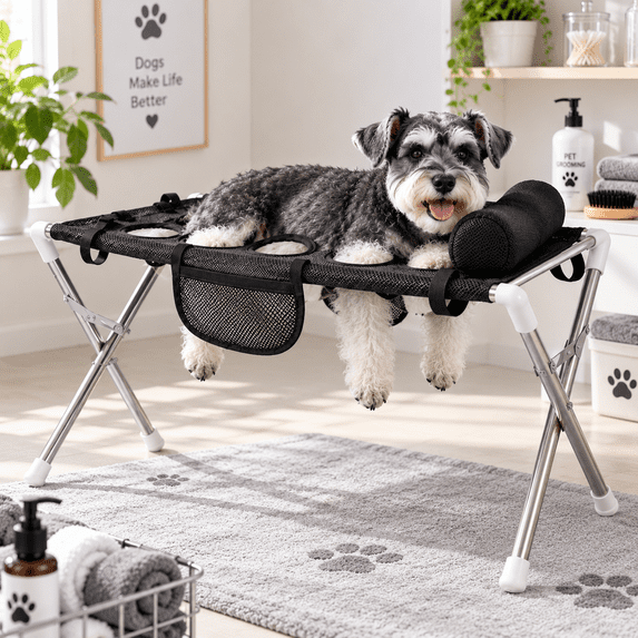 Pet Grooming Table with Foldable Stand & Support Pillow for Dogs & Cats, Grooming Hammock with Leg Openings for Bathing, Nail Trimming & Paw Care
