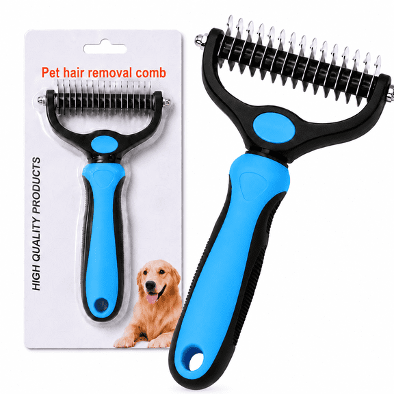 Pet Grooming Tool, 2-in-1 Dematting Rake and Fine-Tooth Comb, Rounded Stainless Steel Teeth, Non-Slip Handle – Gentle Coat Care for Dogs & Cats