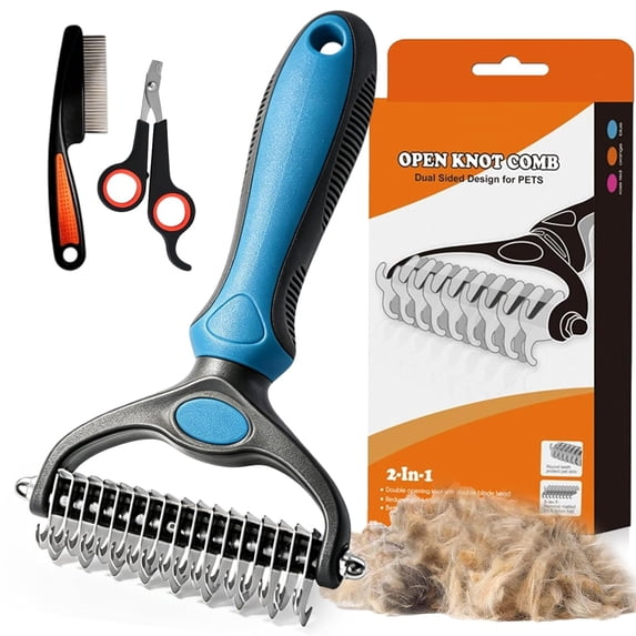 Pet Grooming Tool for Dogs and Cats Double Sided Dematting Comb Undercoat Rake Deshedding Brush Deep Detangling Groomer for Thick Long Short Coats Removes Loose Fur Mats Tangles