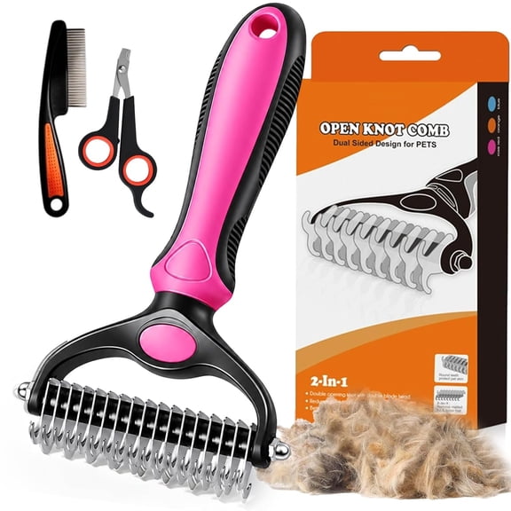 Pet Grooming Tool for Dogs and Cats Double Sided Dematting Comb Undercoat Rake Deshedding Brush Deep Detangling Groomer for Thick Long Short Coats Removes Loose Fur Mats Tangles