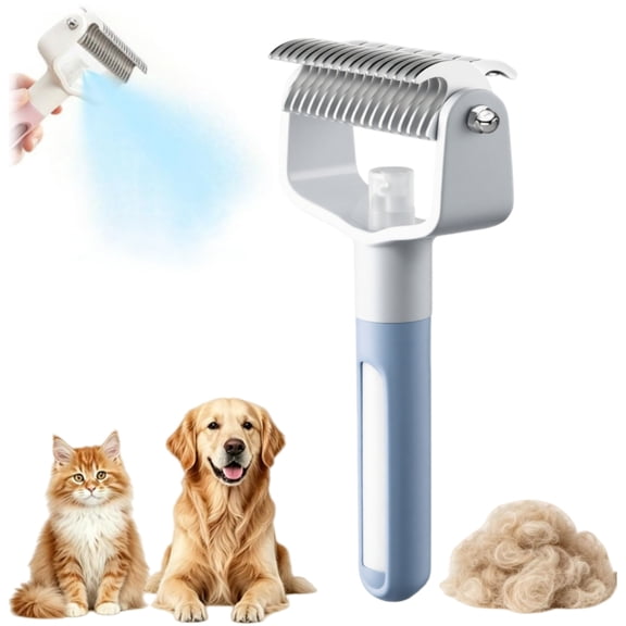Pet Grooming Tool with Spray, 2026 New Dual-Sided Dematting Comb for Dogs and Cats, Undercoat Rake Pet Brush for Long Hair, Deshedding Dog Brush for Shedding(Blue)