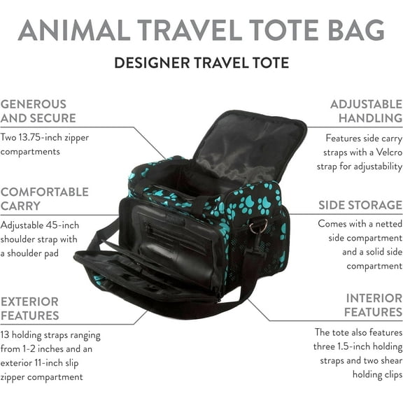 Pet Grooming Travel Tote Bag with Zipper -  Storage Pack for Dog,  & Groomers - Turquoise Paw Print Design