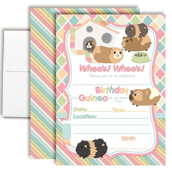Pet Guinea Pig Birthday Party Invitations for Kids, 20 Fill-In Cards with Envelopes, 5x7 Children's Birthday Party Invitations, Birthday Party Supplies, Made in USA by Amanda Creation