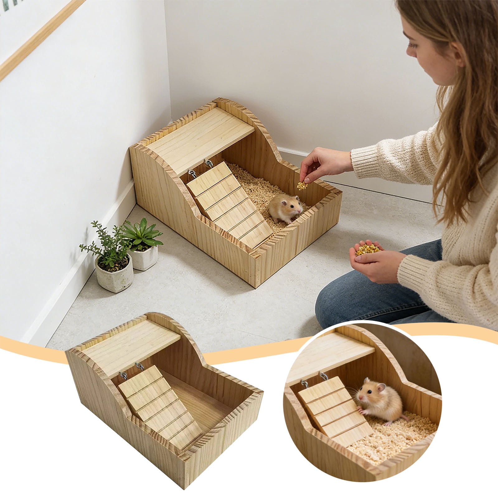 Pet Habitat for Small Animals Wooden Hamster Sand Bath with Ladder Natural Wood Sand Bath Unit for Hamsters Gerbils Mice Squirrels and Small