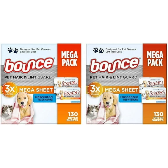 Pet Hair And Lint Guard Mega Dryer Sheets With 3X Pet Hair Fighters, Unscented, 130 Count (Pack Of 2)