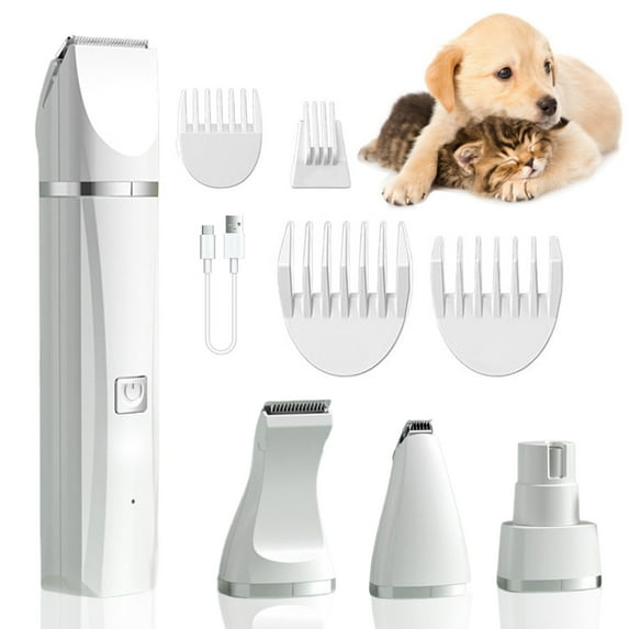 Pet Hair Clipper, 4 in 1 Dog Clipper, Cat Clipper, Pet Nail Grinder Four Replaceable Cutter Heads Wireless Pet Shaver for Body, Ears, Feet, Nails(white)
