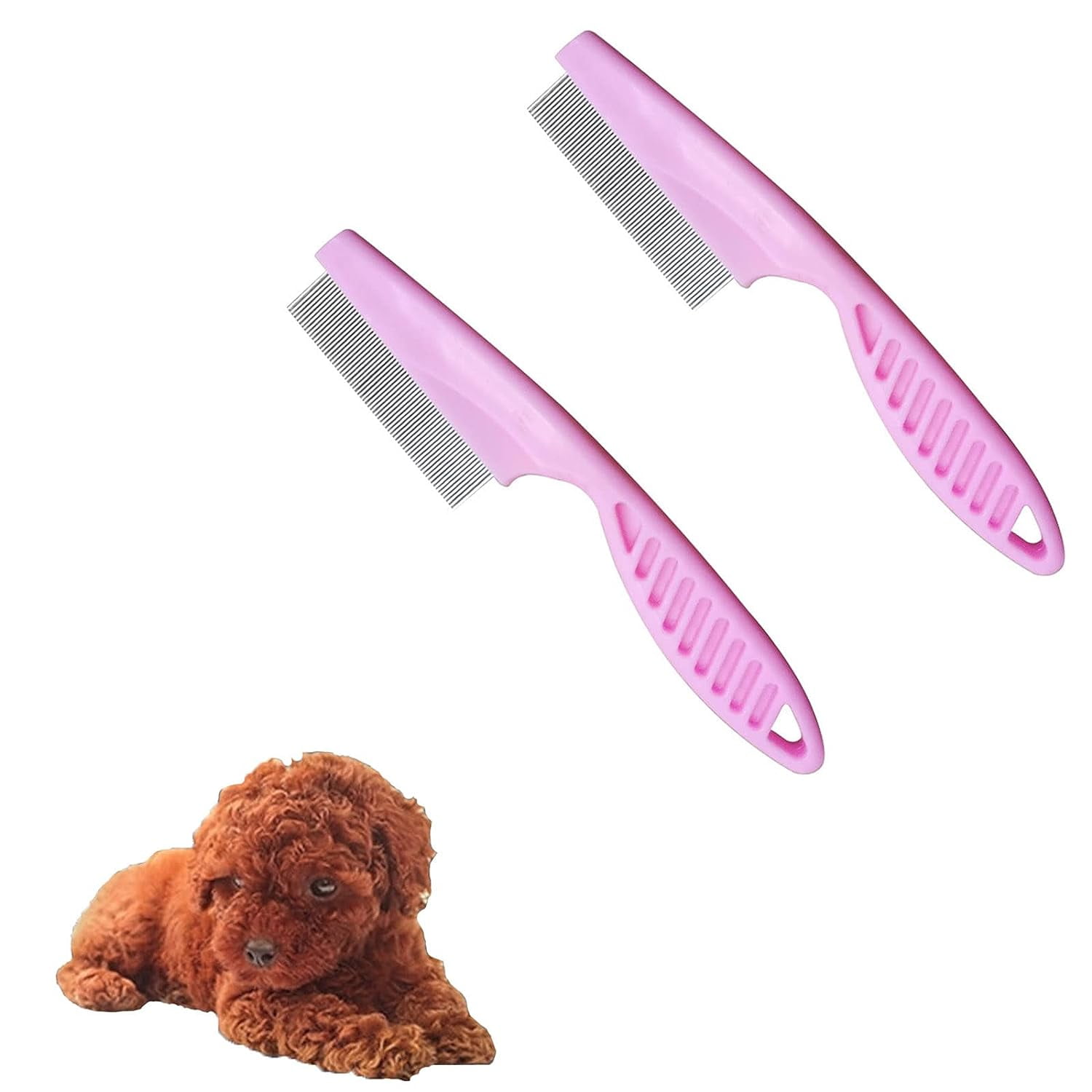 Pet Hair Comb Flea and Tear Stain Removal, Flea Comb for Dogs and Cats, Pet Detangling Grooming Comb with Stainless Steel Metal Teeth for Dog Cat (2pcs Pink)
