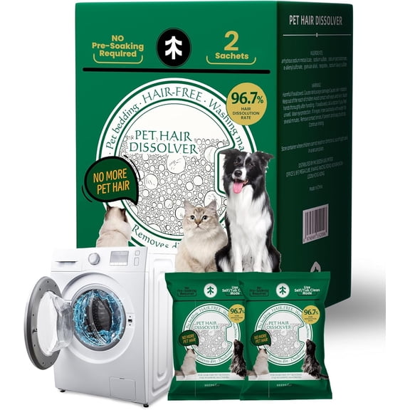 Pet Hair Dissolver for Washing Machine-2 Sachets, 96.7% Dissolution, Dog & Cat Remover, Removes Odors Residue, HE Compatible Front Top Load Washers, Septic Safe