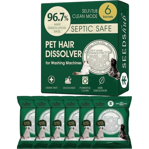 Seedshub Pet Hair Dissolver for Washing Machine, Drum Cleaner for Dog & Cat Hair, Stain/Hair Remover for Laundry, 6 Sachets, 6-Month Supply