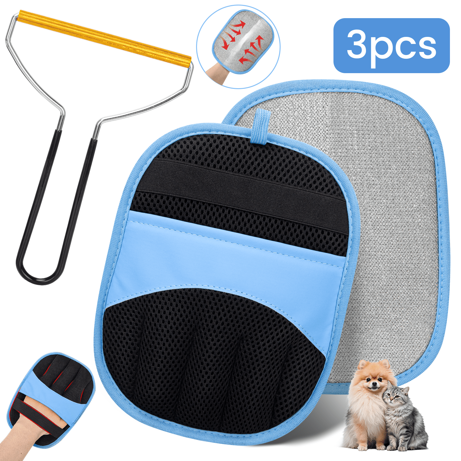 Pet Hair Removal Glove for Dogs & Cats, 2 Pack Reusable Electrostatic Pet Hair Glove with Hair Scraper Tool, Magic Brush Pet Hair Remover Tool Set for Clothing, Couch, Carpet, Car Seat