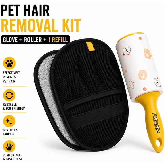Pet Hair Removal Glove with Lint Roller – Easy Grooming Tool for Dogs Cats Couch Carpet Car Seat Clothing