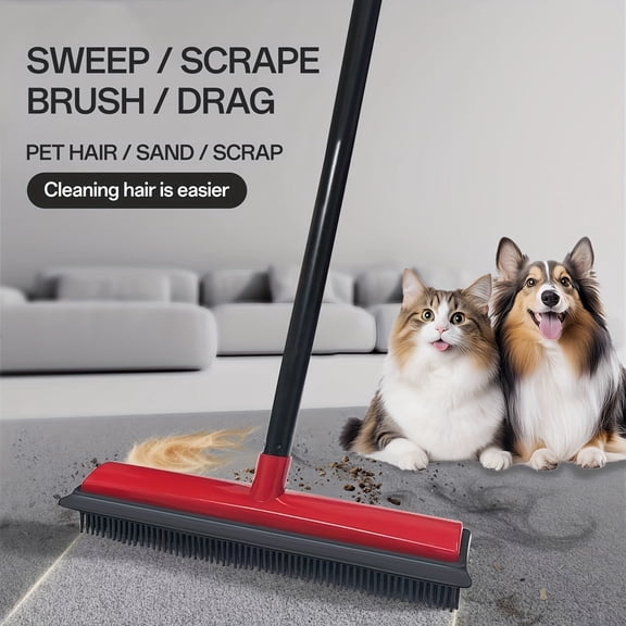 Pet Hair Removal Long Handle Carpet Rake Rubber Broom,50'' Long Handle Dog and Cat Hair Remover Tool, Red