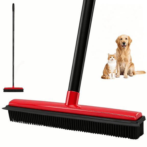 VOVMIIN Pet Hair Removal Long Handle Carpet Rake Rubber Broom with Hair Removal Gloves,51'' Long Handle Dog and Cat Remover Tool