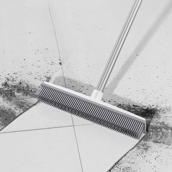 Pet Hair Removal Rubber Broom with Squeegee, Carpet Rake Floor Brush for Hardwood Tile Vinyl, Multi-Surface Pet Sweeper with Adjustable Long Handle for Indoor Outdoor Cleaning
