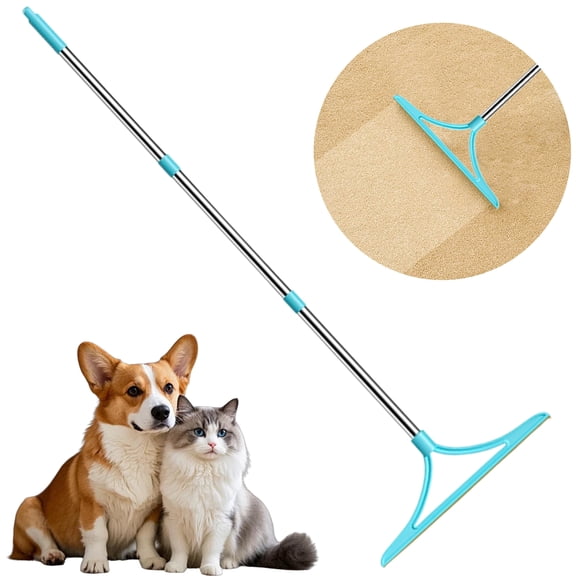 Pet Hair Remover Broom 54.7 in Telescopic Metal Scraper Head for Low Pile Carpet Rugs Floor Cleaning Blue
