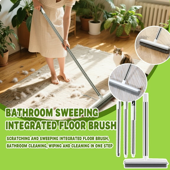 Pet Hair Remover for Carpet with Long Handle, Multi-Surface Rubber Broom and Squeegee for Dog and Cat Fur Removal, Professional Home Cleaning Tool with Adjustable Pole