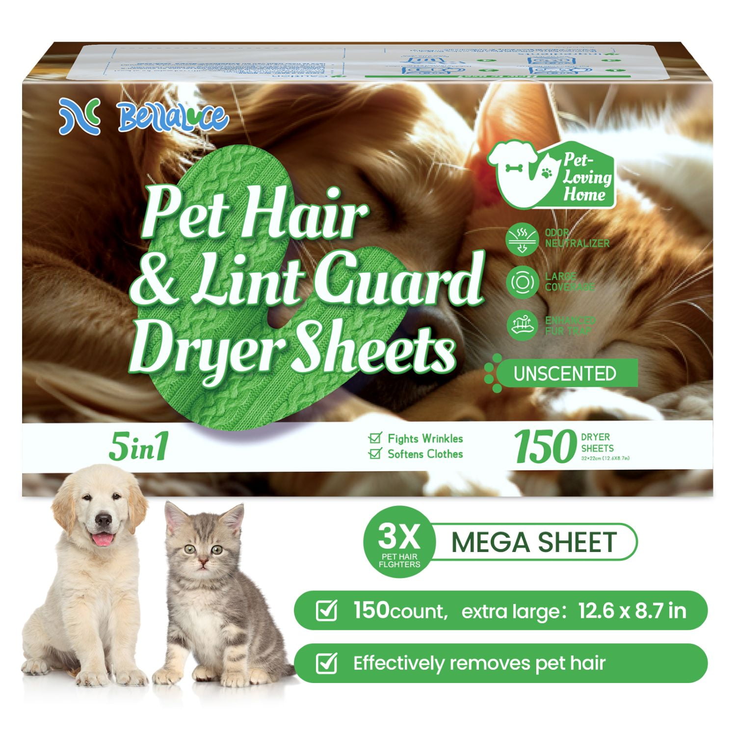 Bellaluce Pet Hair and Lint Guard Mega Dryer Sheets, Unscented, 150 Count