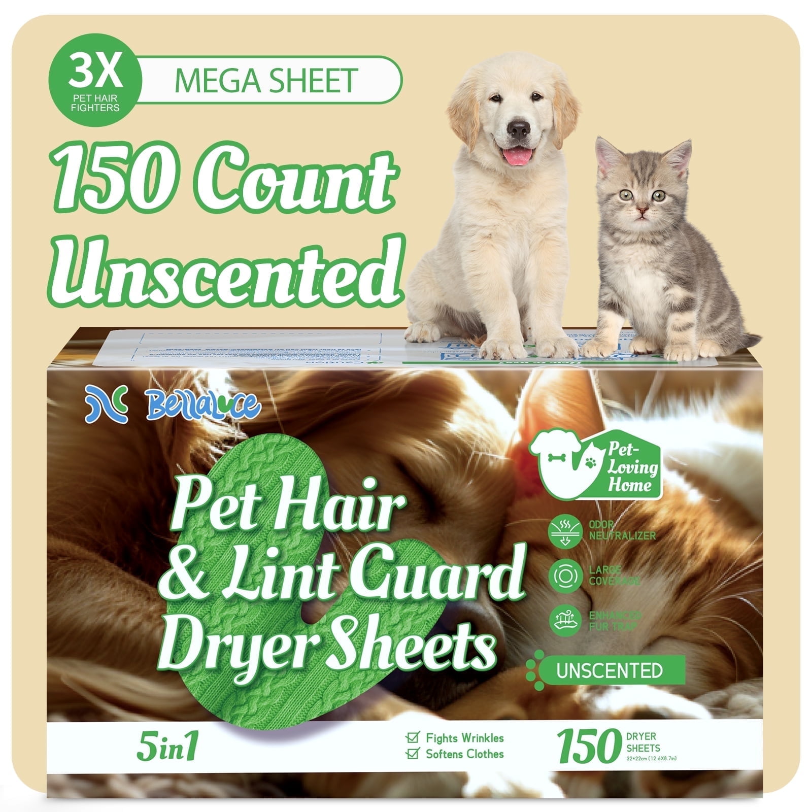 Bellaluce Pet Hair and Lint Guard Mega Dryer Sheets, Unscented, 150 Count
