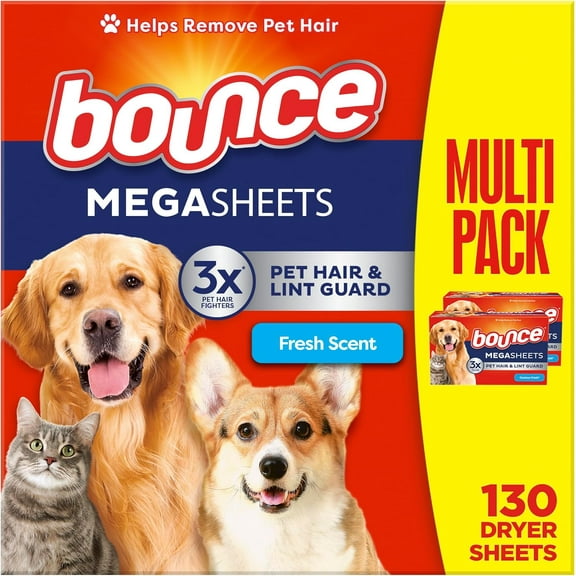 Pet Hair and Lint Guard Mega Dryer Sheets with 3X Pet Hair Fighters, Fresh Scent, 130 Count