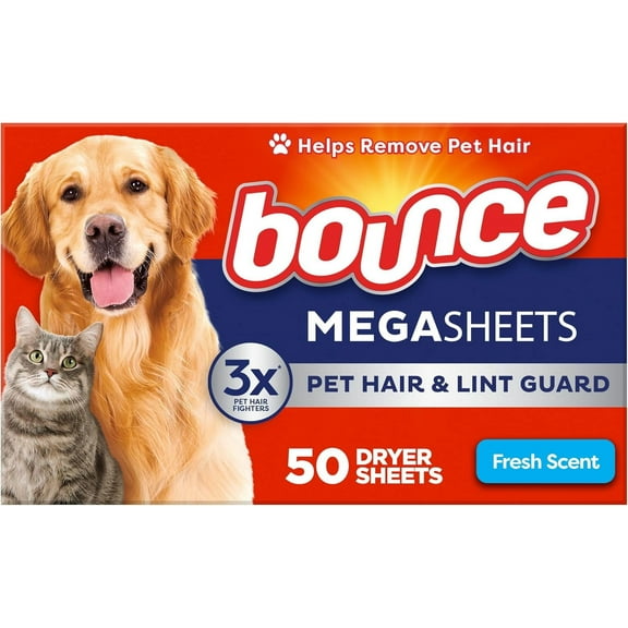 Pet Hair and Lint Guard Mega Dryer Sheets with 3X Pet Hair Fighters, Fresh Scent, 50 Count
