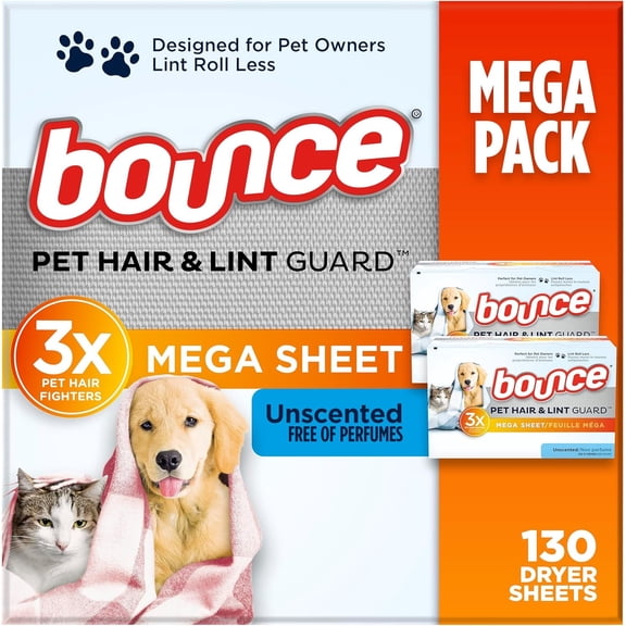 Pet Hair and Lint Guard Mega Dryer Sheets with 3X Pet Hair Fighters, Unscented, 130 Count