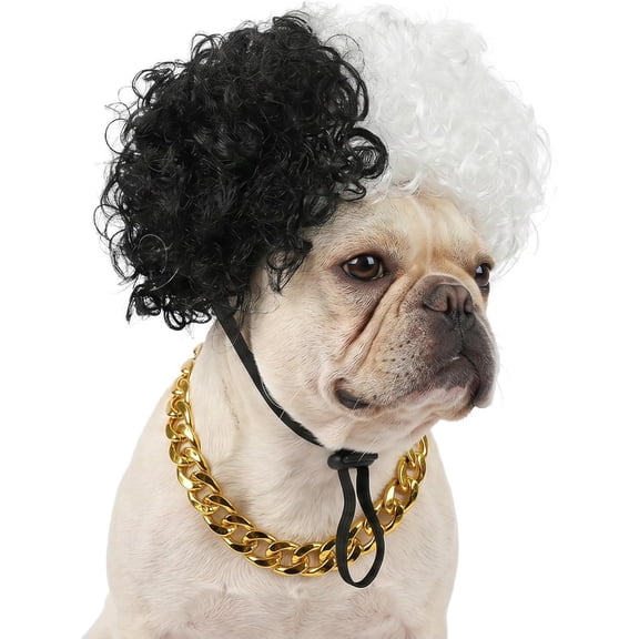 Pet Half Black White Curly Wig, Funny Adjustable Dog Cat Cosplay Costume for Halloween Party Photo Props