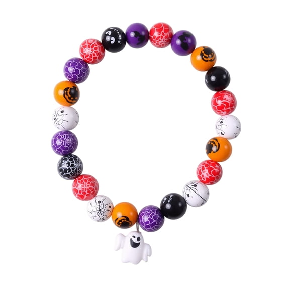 Pet Halloween Collar, Halloween Dog Collar, Beaded Dog Collar, Collar for Small Dogs, 12 Inch L Size Stretchy String Design with Cute Ghost Charm, Spooky Colorful Printed Round