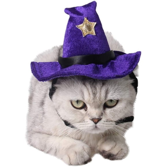 Pet Halloween Costume Adjustable Magic Witch Hat with Bell Star Decor for Cats and Small Dogs Purple
