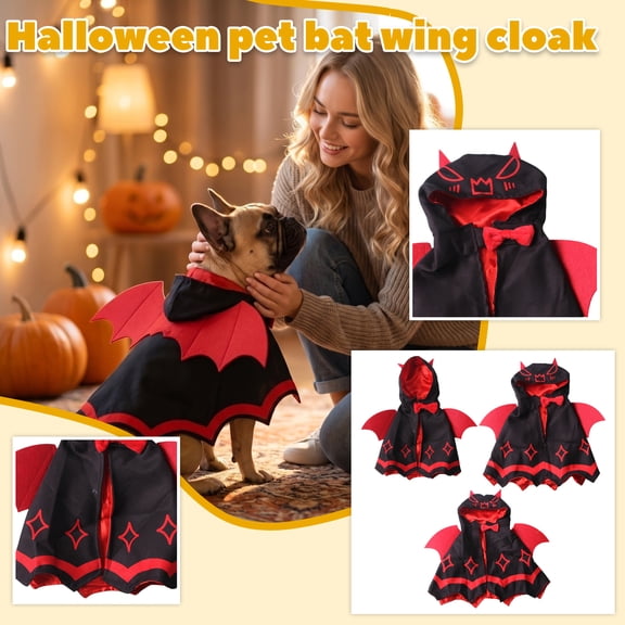 Pet Halloween Costumes, Dog Halloween, Cat Halloween, Small Dog Halloween, Red Accent Devil Hooded Cape with Bat Wings, Bow Tie Detail, Soft Fabric for Halloween Party, Photo Prop