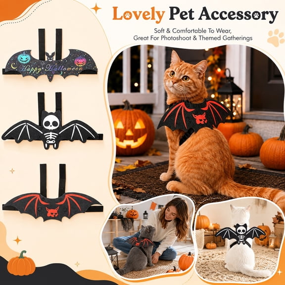 Pet Halloween Dress Up Accessory, Bat Wings for Cat, Bat Wings for Dogs, Small Dog Halloween, 1Pc Felt Bat Wing with Red Bat Skull Print, Elastic Strap on Design, No Extra Heavy