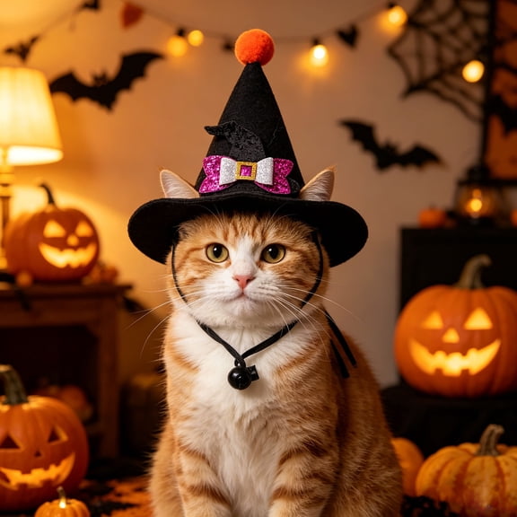 Pet Halloween Mini Witch Hat, Pointed Shape, With Bow, Elastic Chin Strap, Nylon Spandex, Mini Ball on Tip, For Cats and Dogs, Pet Costume Accessory, Halloween Photo Prop Black C