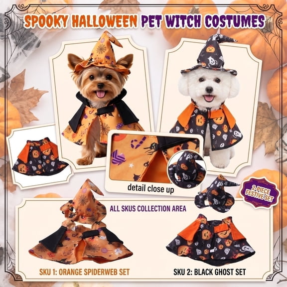 Pet Halloween, Small Dog Halloween, Dog Wizard, Halloween Pet Outfit, Made of Soft Polyester with Fun Pumpkin and Ghost Patterns Including Matching Wizard Hat for Small Breeds
