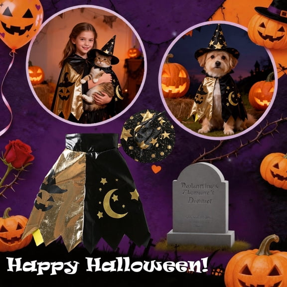 Pet Halloween Wizard Cape and Hat Set Gold Star Moon Witch Outfit for Small Medium Dogs Holiday Party Yard Photo Prop Decor