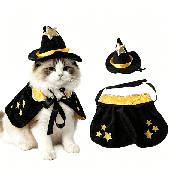 Pet Halloween Wizard Costume 2 Piece Set, Hat and Cape Outfit Suitable for Cats Small Dogs and Other Small Pets, for Halloween Party Themed Photo Shoots Fun Dress Up