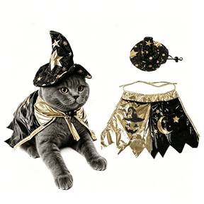 Pet Halloween Wizard Costume 2 Piece Set, Hat and Cape Outfit Suitable for Cats Small Dogs and Other Small Pets, for Halloween Party Themed Photo Shoots Fun Dress Up
