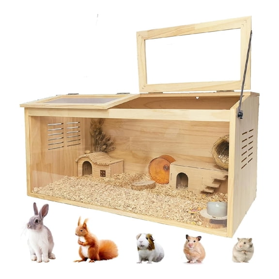 Pet Hamster Cage, Small Animal Cage For Chinchilla Rat, Wooden Hamster Cage, Wooden Guinea Pig Cage With Openable Top And Large Acrylic Sheets, Hamster Habitat