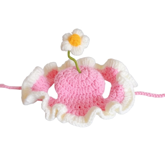 Pet Hat, Pink Knitted Crochet Flower Decor, 1 Pack, Adjustable Ruffled Windproof Pet Headwear for Small Dogs Cats Puppy Kitten Holiday Party Photo Prop Daily Wear