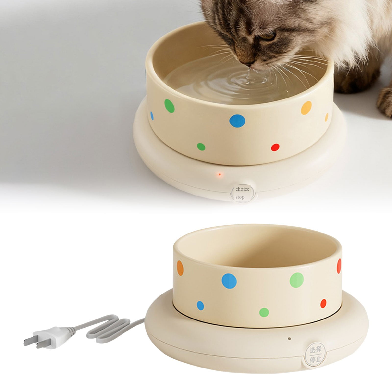 Pet Heated Water Ceramics Bowl, Constant Temperature Pet Drinking Dispenser, 3 Temperature Settings BPA-Free Removable Ceramic Bowl, Anti-Chew Cord Winter Pet Feeding Bowl (Small,Beige)