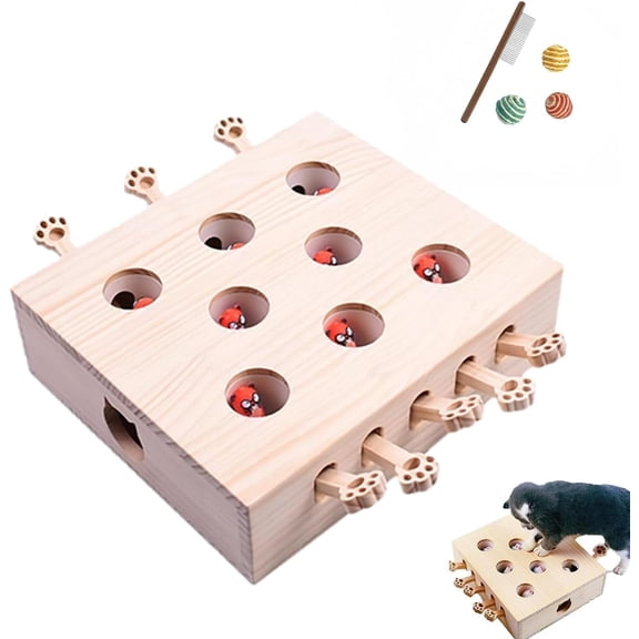 Pet Hit Hamster Toy, Cat Whack a Mole Toy, Cat Scratch Mouse Toy, Simulation Small Mouse Toy, Interactive Cat Toys, Human Pet Interaction Solid Wood Cat Toy (Eight-Hole Doll)