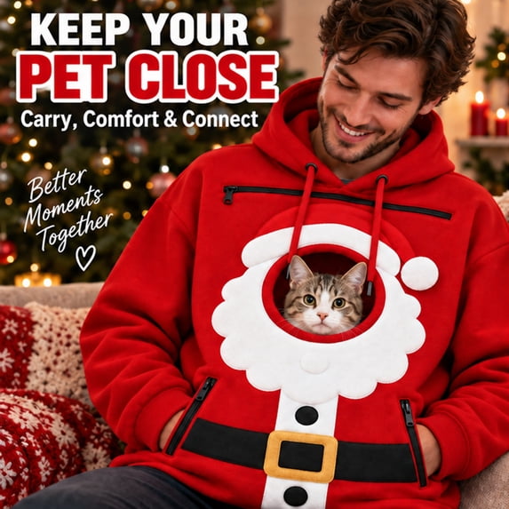 Pet Holder Hoodie,Christmas Oversized Hooded Sweatshirt with Front Carry Pocket for Small Cats and Dogs, Cozy Casual Long Sleeve Top