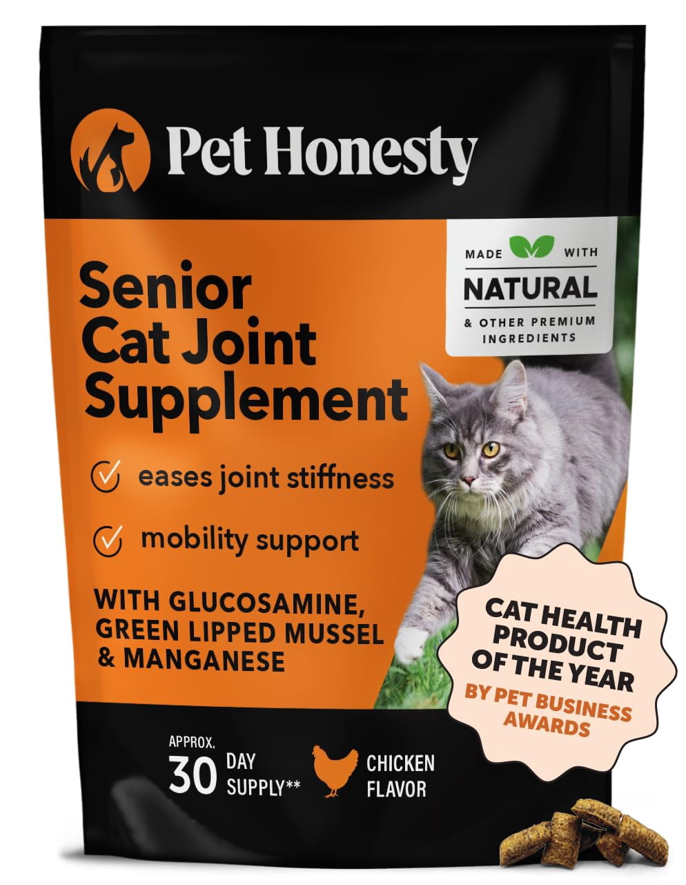 Pet Honesty Cat Hip & Joint Health Chews - Glucosamine Cats, Cat Joint Support Supplement, Cat Health Supplies & Hip Support, Cat Vitamins Indoor Cats & Outdoor Cats - Chicken (30-Day Supply) C49
