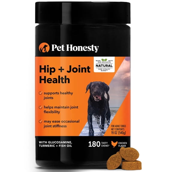 Pet Honesty Dog, Hip & Joint Health Support Supplement w Glucosamine Tumeric and Fish Oil, Chicken Flavor, 180 Count Soft Chews