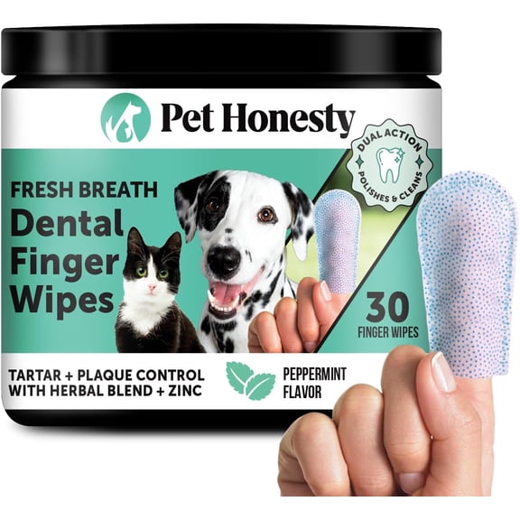Pet Honesty Fresh Breath Dental Finger Wipes - Dental Care for Dogs & Cats, Stain & Tartar Remover for Teeth, Finger Toothbrush Wipes, Fresh Breath & Gum Care with Zinc + Green Tea - 30 ct