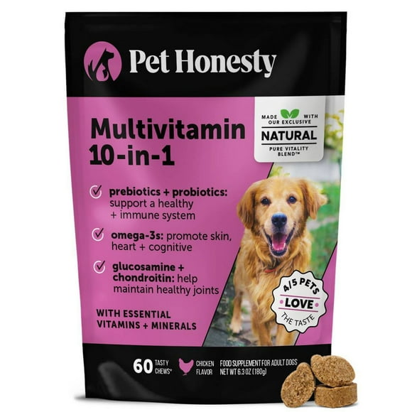 Pet Honesty Dog, 10 in 1 Multivitamin Mobility Immune Skin Coat Support Supplement w Glucosamine Probiotics and Omegas, Chicken Flavor, 60 Count Soft Chews