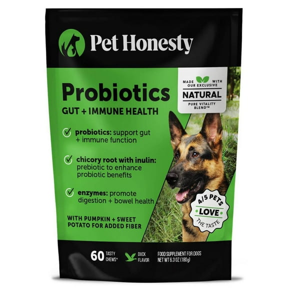 Pet Honesty Probiotic for Dogs, Gut and Immune Health, Duck Flavor, 60 Count Chews