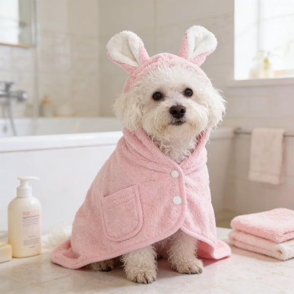 Pet Hooded Bathrobe for Dogs Cats, Fast-Drying Absorbent Towel Wrap with Adjustable Strap, Soft Drying Coat, Machine Washable Bath Robe, for Post-Bath Swimming Grooming Home Travel