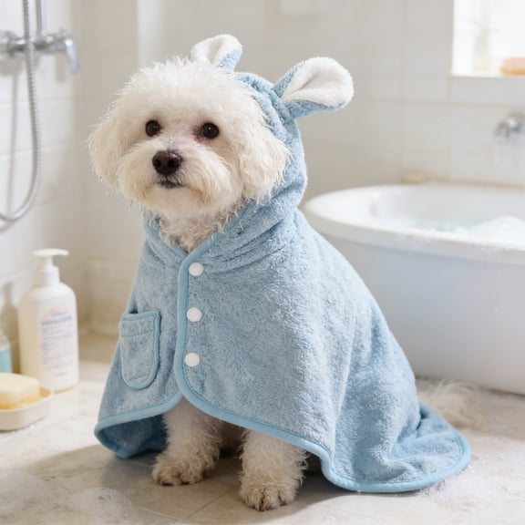 Pet Hooded Bathrobe Fast Dry Towel with Hood Fast Absorbent Soft Towel Wrap Adjustable Strap for Grooming Bath Home or Travel Drying Coat Machine Washable