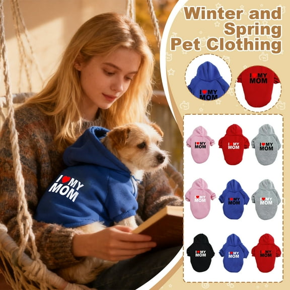 Pet Hooded Sweatshirt For Small And Medium-Sized Dogs, Autumn Winter Warm Clothing With Hooded Design, I Love My Mom Graphic Print Pullover Size M 1Pc