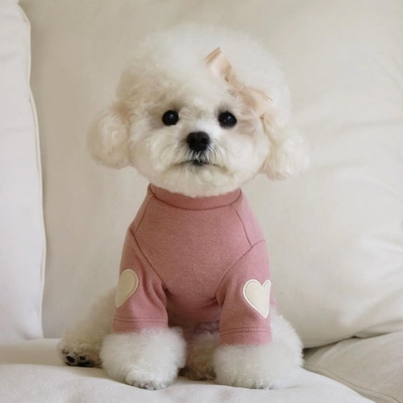 Pet Hoodie Heart Embroidered Warm Bodysuit Vest, Cozy Fall Winter Apparel for Bichon Teddy Cats Dogs, Soft Stretchy Fabric for Transitional Weather and Indoor Lounging