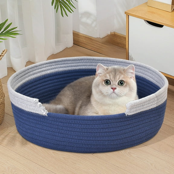 Pet House Indoor​ Round Woven Deep Blue Gray Soft Edge Gap Entry Cozy Den, Washable Anti-slip Dog Bed Small Pet House Indoor